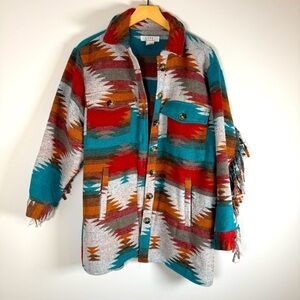 L.I.F.E. BOHO Southwestern Rodeo Button Up Down Shacket Jacket Fringe Medium